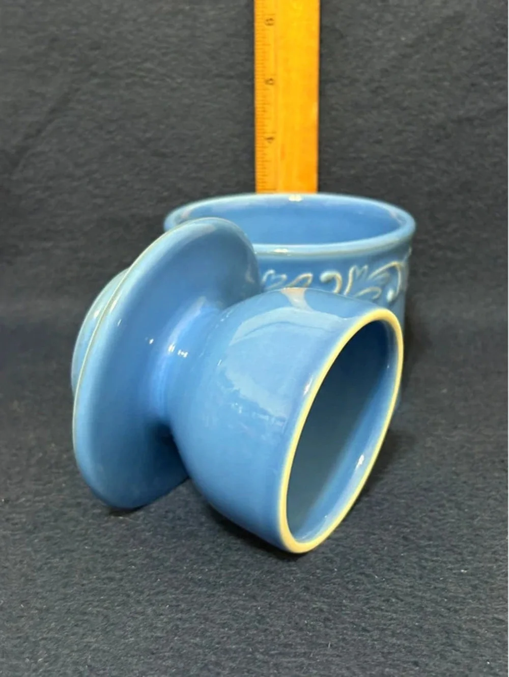 Butter Bell Crock Blue Ceramic Porcelain Relief Design